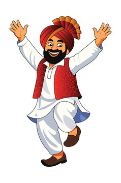 Happy Punjabi Man in Traditional Ethnic Wear Dancing Bhangra Indian Cultural Vector Illustration for Vaisakhi and Lohri Celebration