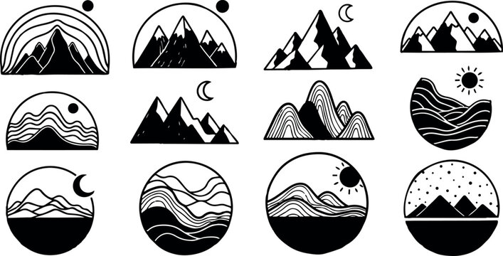 Minimalist black and white mountain vector icons with sun and moon symbols in various circular and semi circular abstract line art compositions