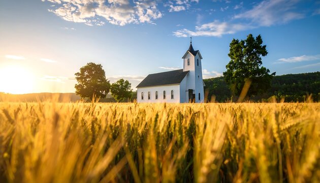 A small white structure with a steeple sits amongst golden fields and trees under a vibrant, cloudy sky. The sun creates a warm glow