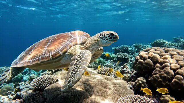 Green sea turtle swimming above coral reef with yellow reef fish and clear blue water peaceful underwater marine life natural sunlight over coral reef with tropical fish sunlight rays and marine life