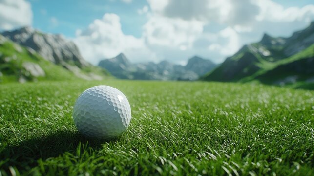 A pristine golf ball rests on a lush green fairway with majestic mountains in the background under a cloudy sky.
