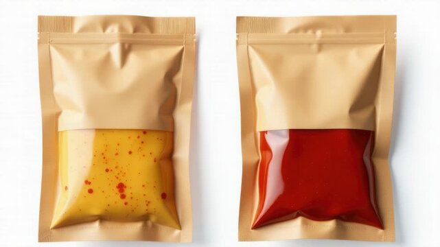 Video Two packets of mustard and ketchup on a clean white surface, ideal for food styling or recipe shots