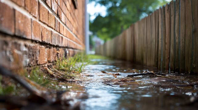 Floodwater accumulating against a residential brick wall and wooden fence, indicating a plumbing problem or heavy storm runoff. Flood