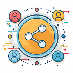 Obraz premium Digital social networking concept illustration. Features a central share icon surrounded by connected user profiles, symbolizing online community, content distribution, and global collaboration