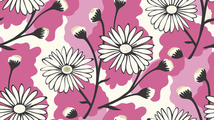 Vibrant pink camouflage pattern with white daisies and black stems and floral details