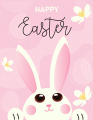 Fototapeta premium Easter greeting card with cute bunny, flowers, eggs and text on pnk background. Vector design