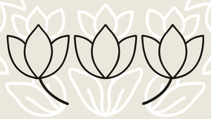 Three black line art lotus flowers on beige background with white floral patterns
