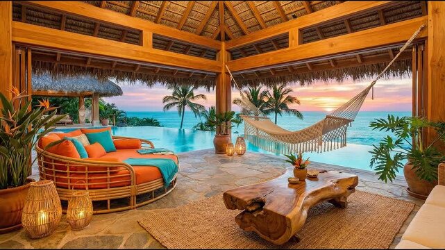 Luxurious open-air villa terrace at sunset overlooking an ocean infinity pool, featuring a cozy rattan daybed, a macrame hammock, and natural wood fur