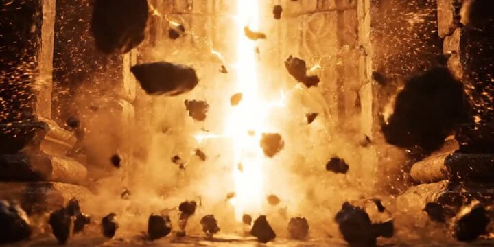 Debris explosion in ancient temple ruins with rocks flying everywhere from a central blast point