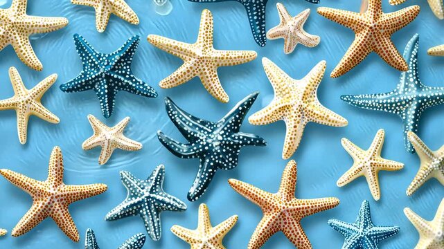 Seamless pattern with cute cartoon seashells, starfishes, seaweed, and bubbles floating in blue water	
