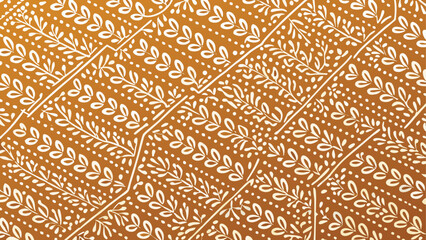 Vibrant orange leaf patterned textile with white botanical design elements and diagonal lines