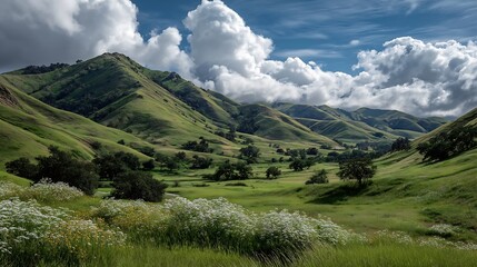 Fresh Spring Mountain Foothills with Green Grass Scattered Flowers and Soft Clouds
