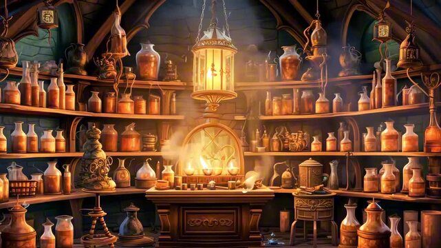A background of a witch&rsquo;s potion room filled with bubbling cauldrons, shelves of spell books, potion bottles, and eerie orange lighting, magical and spooky	

