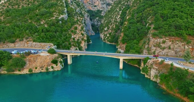Aerial view of Gorges Du Verdon and Galetas Bridge, Magnificent Nature. Aerial journey above Verdon Gorge, where rugged mountains meet the emerald river below