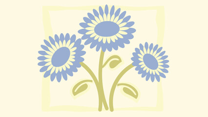 Three blue flowers with yellow centers and green stems on a pale background