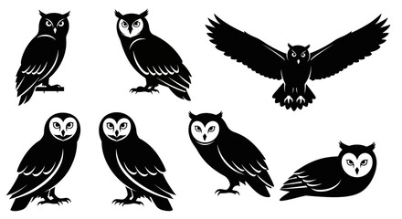 Obraz premium Collection of black owl silhouettes in various poses.