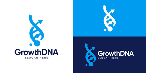 Naklejka premium Creative simple growth DNA logo template. DNA with arrow up logo design vector illustration.