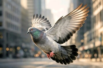Obraz premium Rock Dove Pigeon Flying with Dramatic Backlit Wings in City