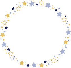 Round frame with blue, navy and golden stars on transparent background. 