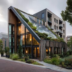 Fototapeta premium A modern, eco-friendly building with a green roof and wooden facade, surrounded by trees and a paved walkway.