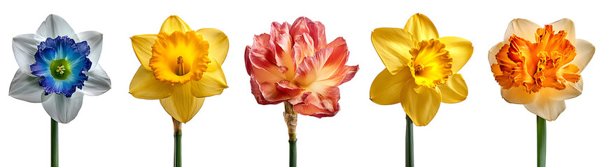 Five Daffodil Flowers in Various Colors on White Background isolated on a transparent background