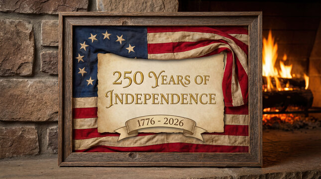 Vintage framed display commemorating 250 Years of American Independence (1776-2026) with distressed Betsy Ross flag and parchment scroll on stone fireplace hearth.