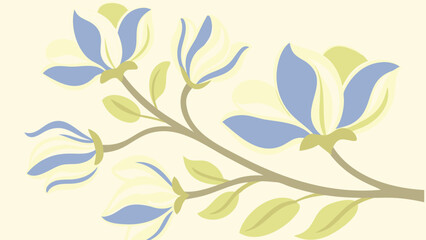 Beautiful blooming blue and green flower branch with leaves on beige background