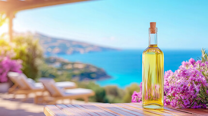 Fototapeta premium Clear glass bottle filled with golden liquid sits on wooden table, adorned with vibrant purple flowers, overlooking serene coastal landscape with lounge chairs and azure sea.
