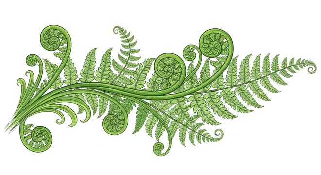 Stylized Green Fern Fronds and Unfurling Fiddleheads Botanical on White Organic Plant Element