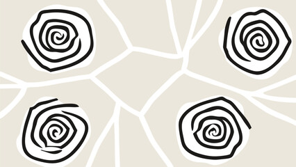 Four black and white swirl designs on beige background with white lines