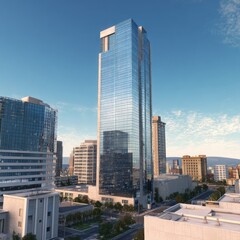 Fototapeta premium A modern glass skyscraper with a reflective surface stands tall against a clear blue sky, surrounded by other high-rise buildings and a cityscape in the background.