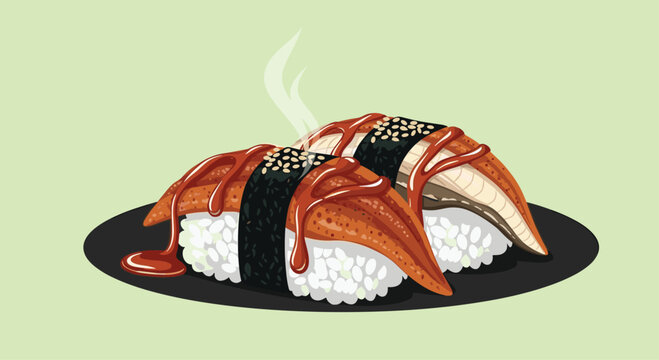 Delectable unagi sushi on a black plate featuring perfectly grilled eel drizzled with rich sauce and sesame seeds.