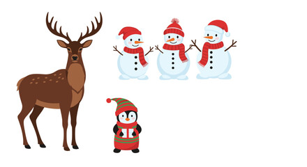 Cheerful Christmas holiday characters including a majestic deer three festive snowmen and a cute penguin holding a gift.