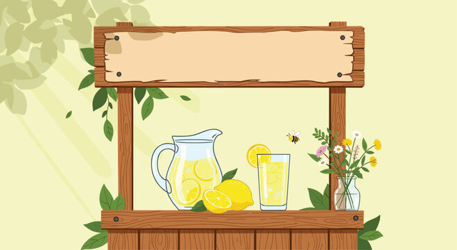 Charming lemonade stand with a refreshing pitcher of lemonade fresh lemons a glass flowers and a busy bee.