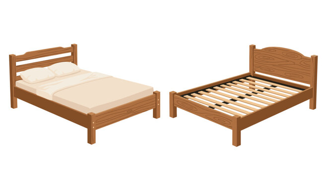 Clear depiction of two wooden beds one fully made with a comfortable mattress and pillows and the other a bare frame.