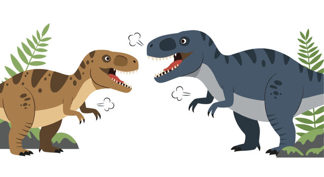 Dynamic illustration of two cartoon Tyrannosaurus Rex dinosaurs roaring ferociously at each other in a prehistoric jungle.