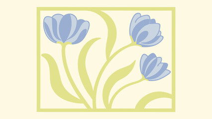 Three blue tulips in green square frame on beige background with floral design