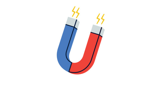 Iconic red and blue horseshoe magnet with stylized lightning bolt symbols effectively demonstrating its powerful magnetic attraction.