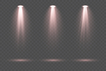 Creative collection of bright red lighting spot sources including stage spotlights, floodlight beams and atmospheric rays isolated on transparent background ideal for concert visuals and abstract vect