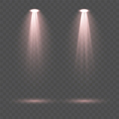 Set of red spotlights with powerful illumination beams and diffused glowing rays isolated on transparent background perfect for dramatic stage lighting design, presentation highlights and professional