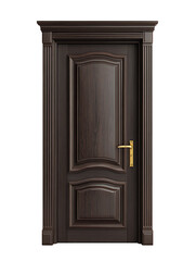 Dark wood interior door with curved panels and brass hardware isolated on a transparent background