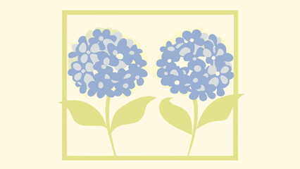 Two blue hydrangea flowers in green square frame with leaves on cream background
