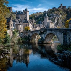 Obraz premium A picturesque medieval village with a stone bridge spanning a river, surrounded by lush greenery and ancient stone buildings, under a clear blue sky with scattered clouds.