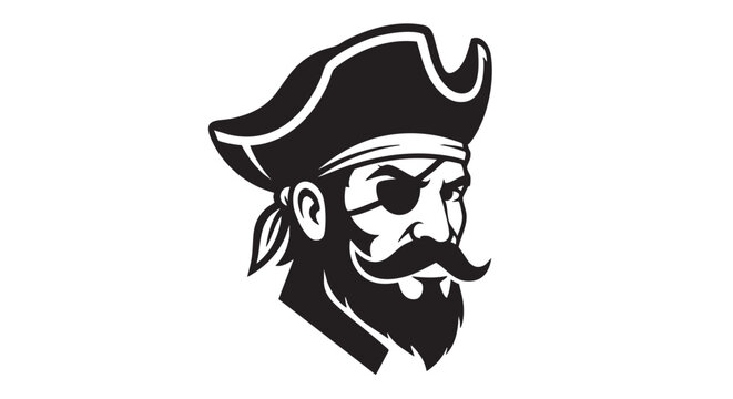 A black and white illustration of a pirate captain with a beard and eye patch, facing right.