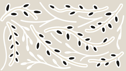Minimalist illustration of white branches with black seeds on beige background for design and decoration
