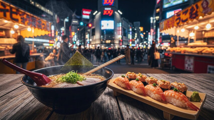 Fototapeta premium Delicious Japanese ramen and sushi on wooden table at night market 