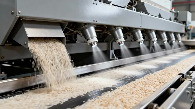 Medium shot of a highcapacity rice color sorter efficiently removing defective grains using precision air jets on a fast industrial line.