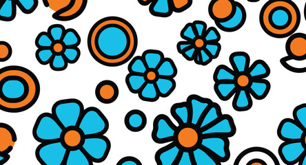 Vibrant blue and orange flowers with black outlines on white background pop art style pattern
