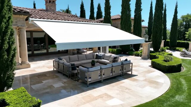 Sweeping drone aerial view gliding over a large elegant residential patio featuring a fully extended white awning providing essential midday shade housing, tranquil, beautiful