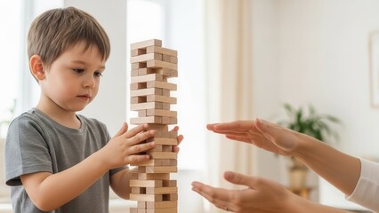 Child playing with wooden block tower in family living room
